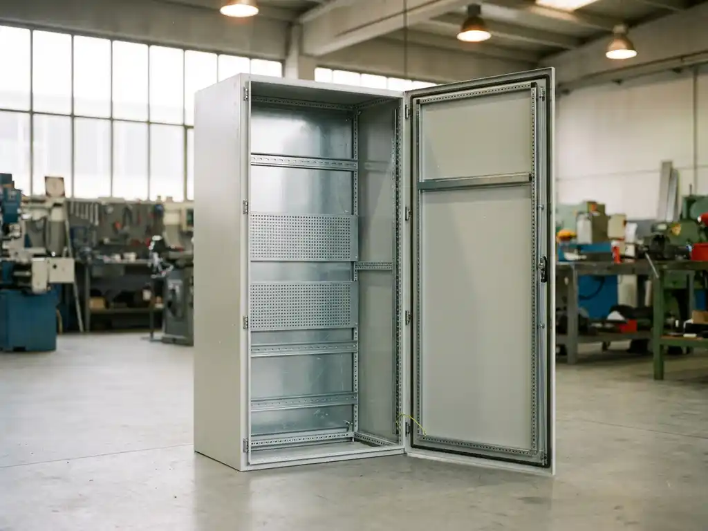 Geöffneter Industrie-Stahlschaltschrank mit sichtbaren Montageschienen und Innenverkleidung auf Fabrikboden.