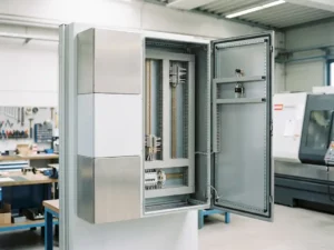 Geöffneter modularer Wandschrank aus Stahl mit Montageschienen und strukturiertem Innenraum in einer Industriewerkstatt.