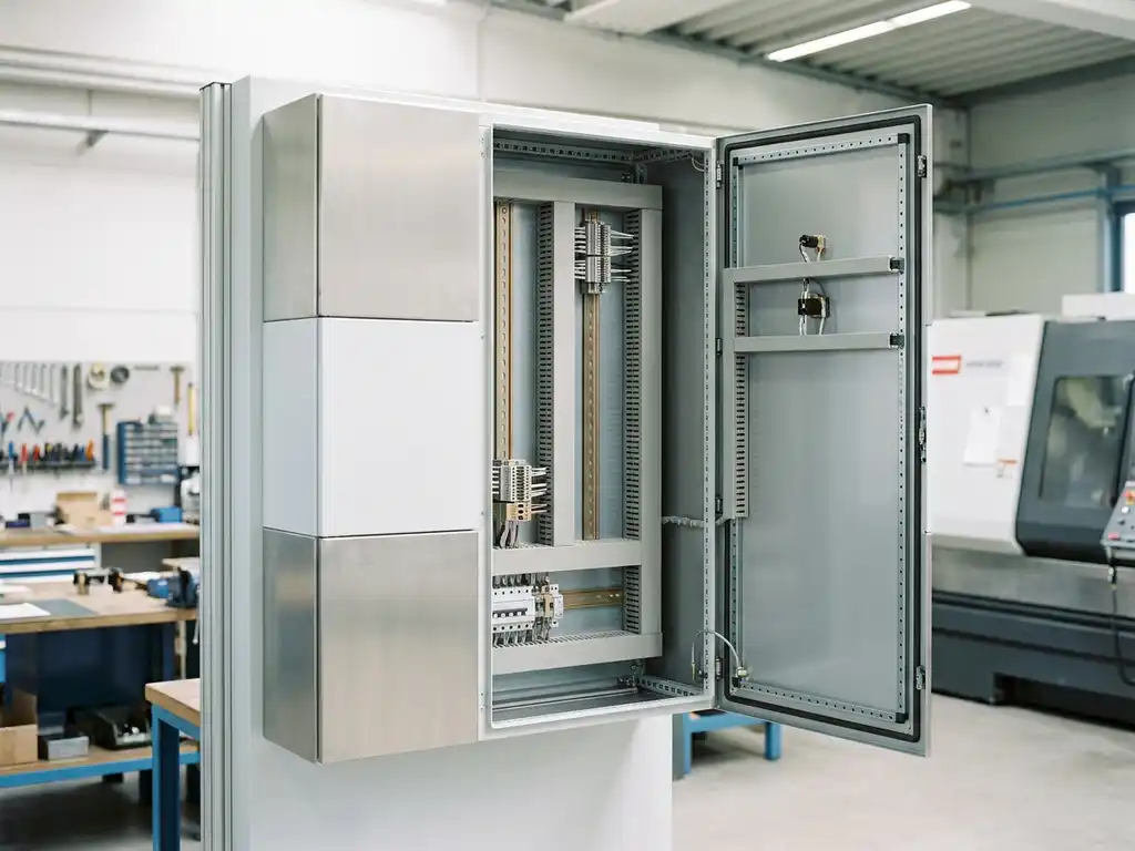 Geöffneter modularer Wandschrank aus Stahl mit Montageschienen und strukturiertem Innenraum in einer Industriewerkstatt.