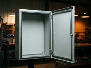 Geöffnetes wandmontiertes Stahlgehäuse mit pulverbeschichteter hellgrauer Oberfläche und elektromagnetischer Abschirmdichtung am Türrahmen.