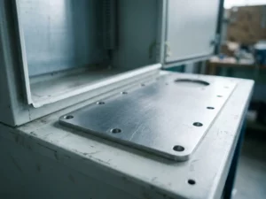 Präzisionsgeschnittene Stahlflanschwplatte auf dem Sockel eines leeren Industrieschaltschranks mit gestanzten Montagelöchern.
