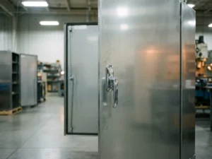 Geöffneter Stahlschaltschrank mit verchromtem Verschlussmechanismus auf Fabrikboden, polierte Metalloberflächen im Industrielicht.