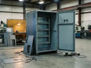 Geöffneter Stahl-Schaltschrank in einer Fabrikhalle mit Blechplatten und Werkzeugen im Hintergrund.