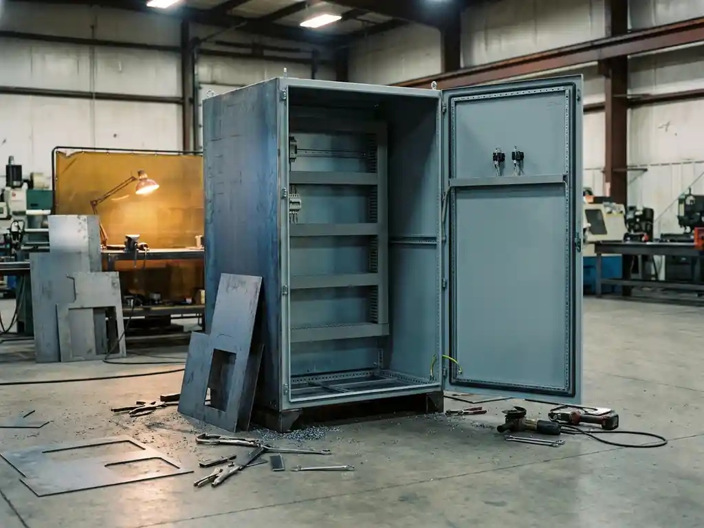 Geöffneter Stahl-Schaltschrank in einer Fabrikhalle mit Blechplatten und Werkzeugen im Hintergrund.