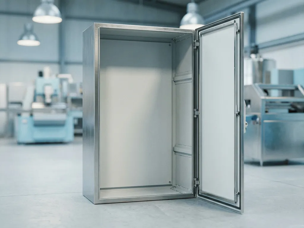 Leerer Industrie-Stahlschaltschrank mit pulverbeschichteter hellgrauer Oberfläche und präzisen Blechbiegungen auf Fabrikboden.