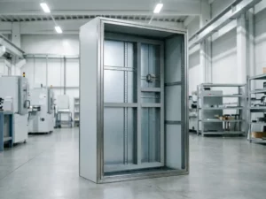 Geöffneter Industrie-Stahlschaltschrank mit Montageschienen und blanken Metallwänden in einer sauberen Fertigungsumgebung.