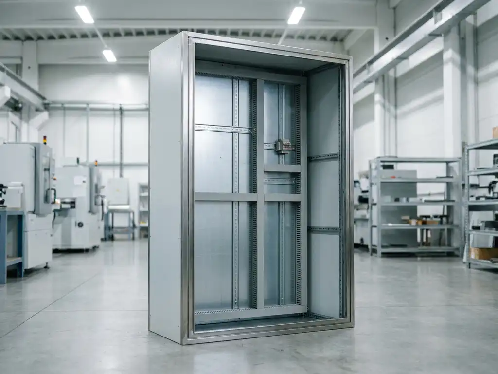 Geöffneter Industrie-Stahlschaltschrank mit Montageschienen und blanken Metallwänden in einer sauberen Fertigungsumgebung.