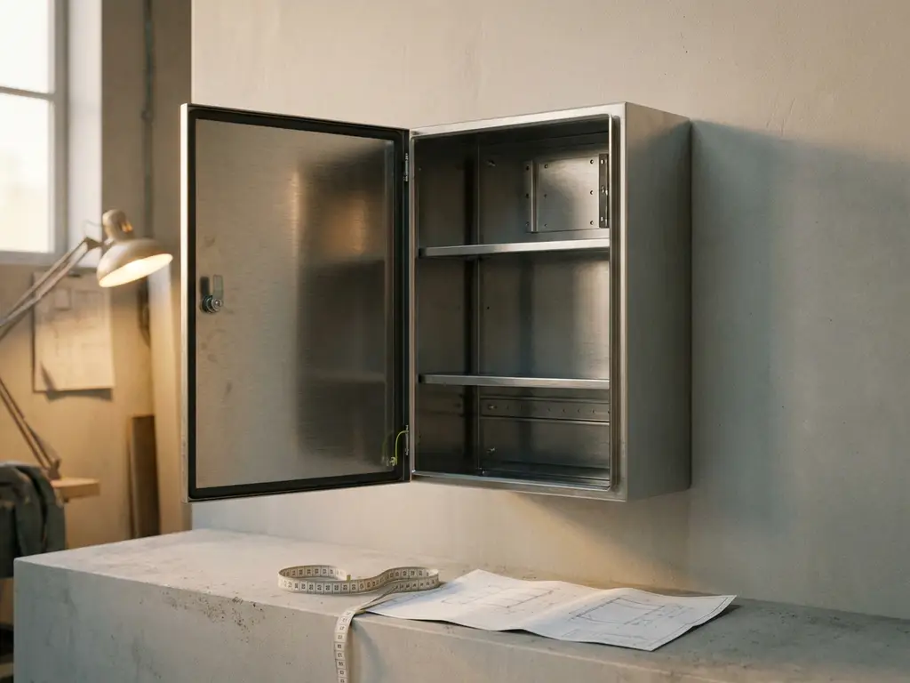 Geöffneter Industrie-Stahlschrank aus gebürstetem Metall, wandmontiert auf hellgrauem Beton, mit Maßband und technischer Zeichnung am Boden.