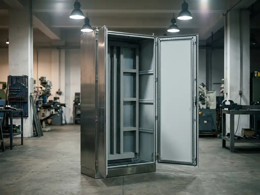 Offener Industrie-Stahlschaltschrank aus gebürstetem Edelstahl mit sichtbaren Montageschienen in einer Werkstatt.