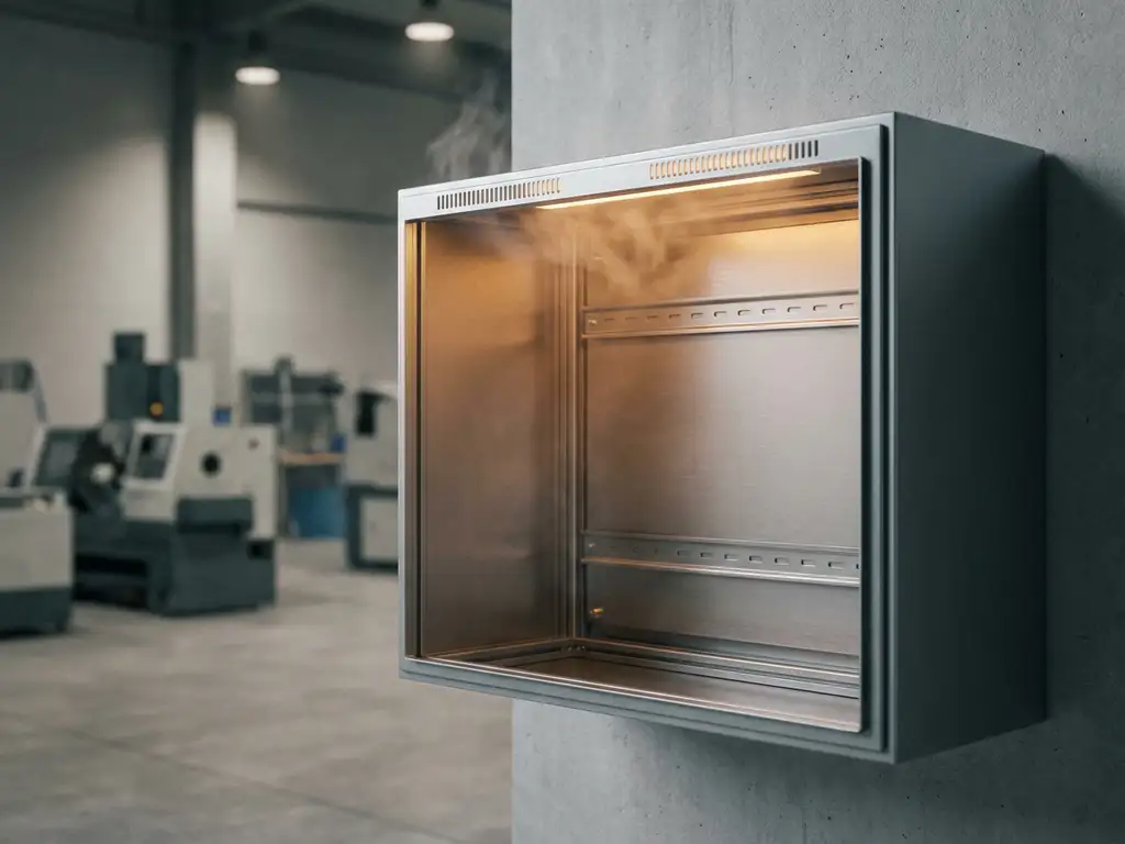 Geöffneter Industrie-Wandschaltschrank aus Stahl mit Montageschienen, Lüftungsschlitzen und warmem Lichtschein im Inneren.