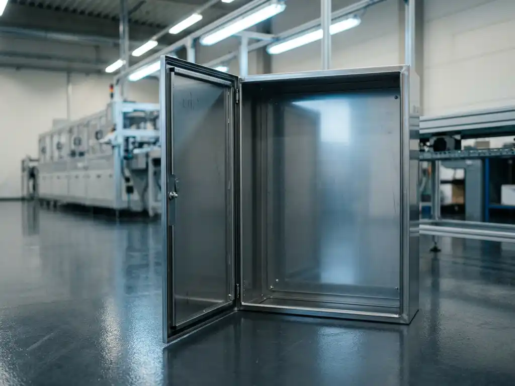 Geöffneter Stahlschaltschrank aus gebürstetem Metall auf Fabrikboden, Förderlinie unscharf im Hintergrund.