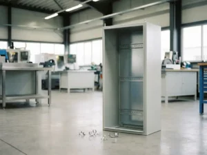 Geöffneter Stahlschaltschrank, hellgrau pulverbeschichtet, mit Montageschienen im Inneren, in einer modernen Metallwerkstatt.