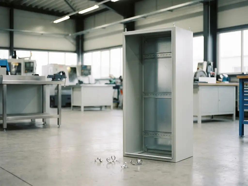 Geöffneter Stahlschaltschrank, hellgrau pulverbeschichtet, mit Montageschienen im Inneren, in einer modernen Metallwerkstatt.