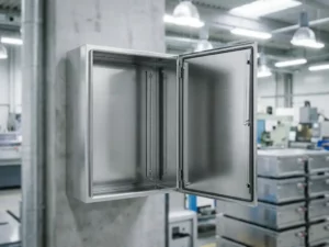 Geöffnetes Wandgehäuse aus Stahl mit Montageschienen, leer und sauber, vor industriellem Werkstatthintergrund.