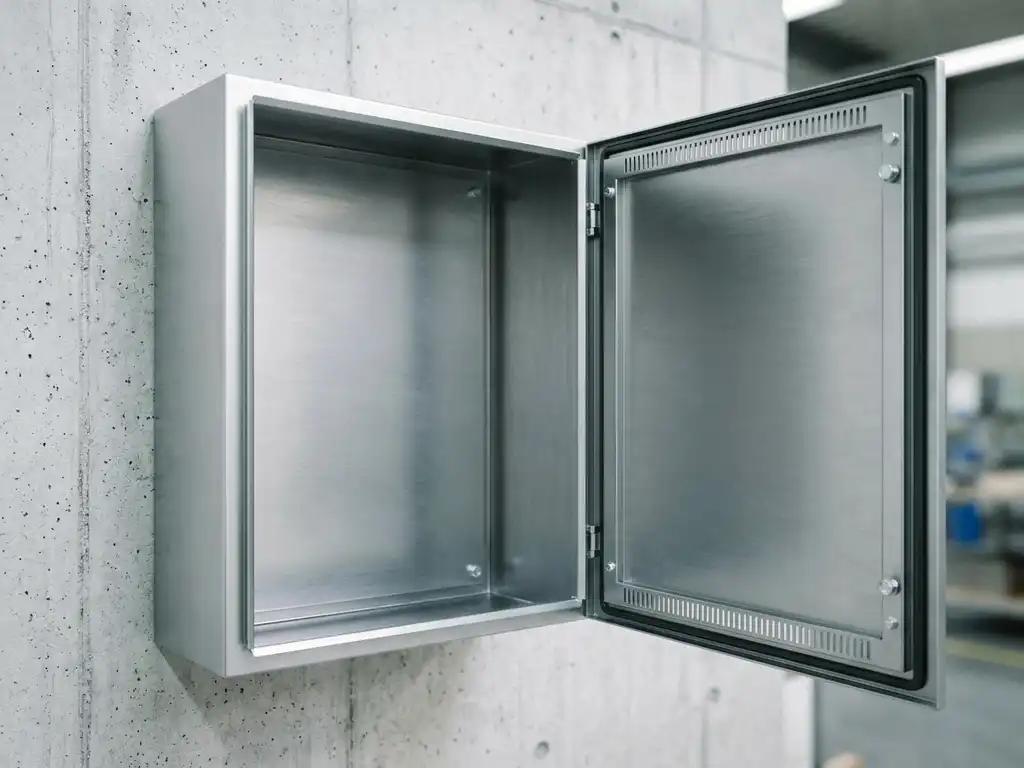 Geöffneter Stahlschrank zur Wandmontage mit Lüftungsschlitzen, montiert an einer hellgrauen Betonwand in einer Werkstatt.