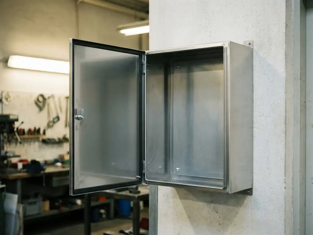 Leerer wandmontierter Stahlschrank mit offener Tür auf Betonwand in industrieller Umgebung.