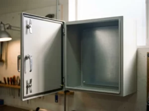 Wandmontierter Industrieschaltschrank aus Stahl mit geöffneter Tür, sichtbarem leerem Innenraum und Verriegelungsmechanismen.