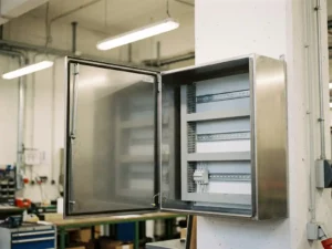 Geöffneter Wandmontage-Stahlschrank mit leeren Innenraum und modularen Montageschienen in einer Fabrikhalle.
