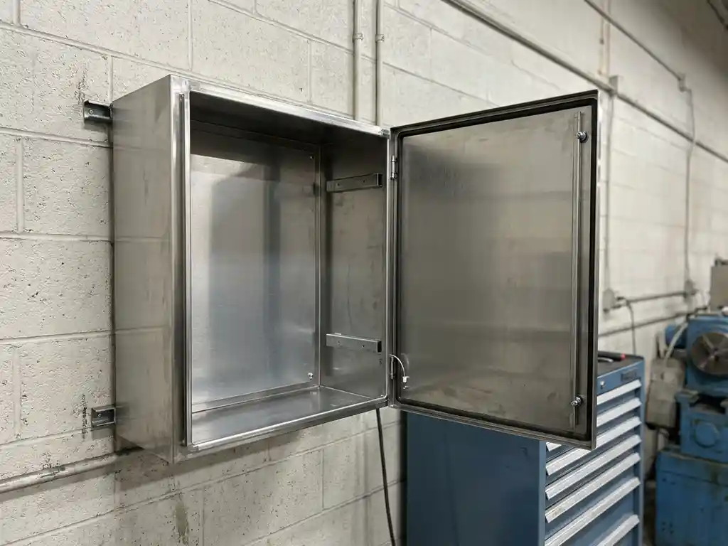 Geöffneter wandmontierter Stahlschrank mit gebürstetem Metallinneren an grauer Industriewand, leer und neuwertig.