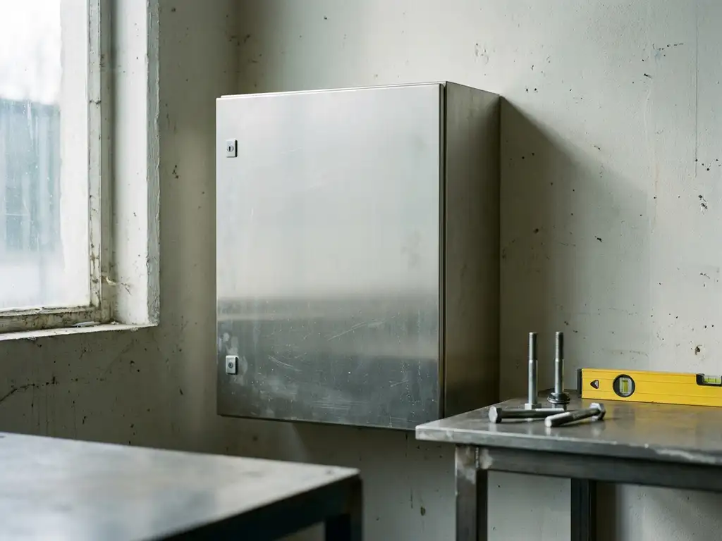 Hellgrauer Industrie-Stahlschrank an Betonwand montiert, mit Befestigungsschrauben und Wasserwaage auf Werkbank daneben.