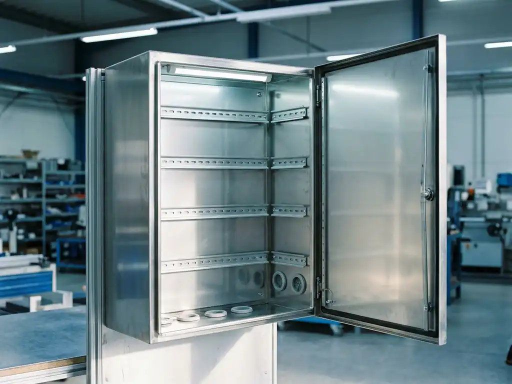 Offener Stahlschrank zur Wandmontage mit Montageschienen und Kabeleinführungen in industrieller Werkstattumgebung.