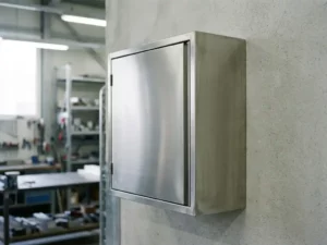 Wandmontierter Stahlschaltschrank mit gebürsteter Metalloberfläche an hellgrauer Betonwand in industrieller Werkstattumgebung.