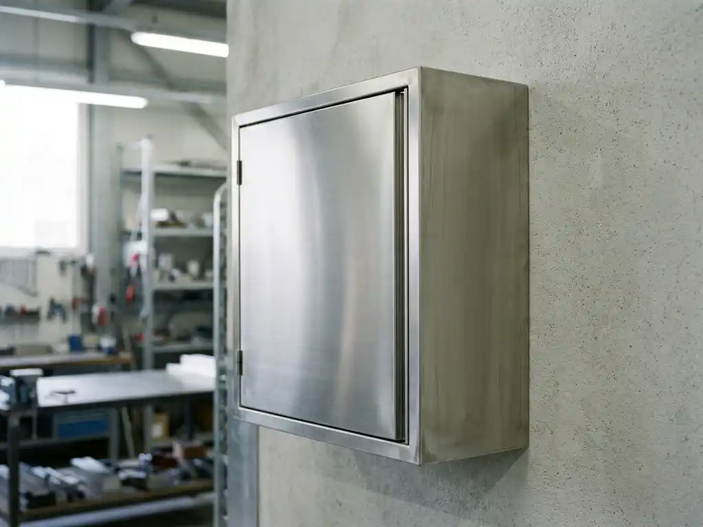 Wandmontierter Stahlschaltschrank mit gebürsteter Metalloberfläche an hellgrauer Betonwand in industrieller Werkstattumgebung.