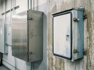 Zwei Stahlschränke zum Wandeinbau – einer in einer sauberen Fabrikhalle, einer außen mit Feuchtigkeitsperlen an der Dichtung.