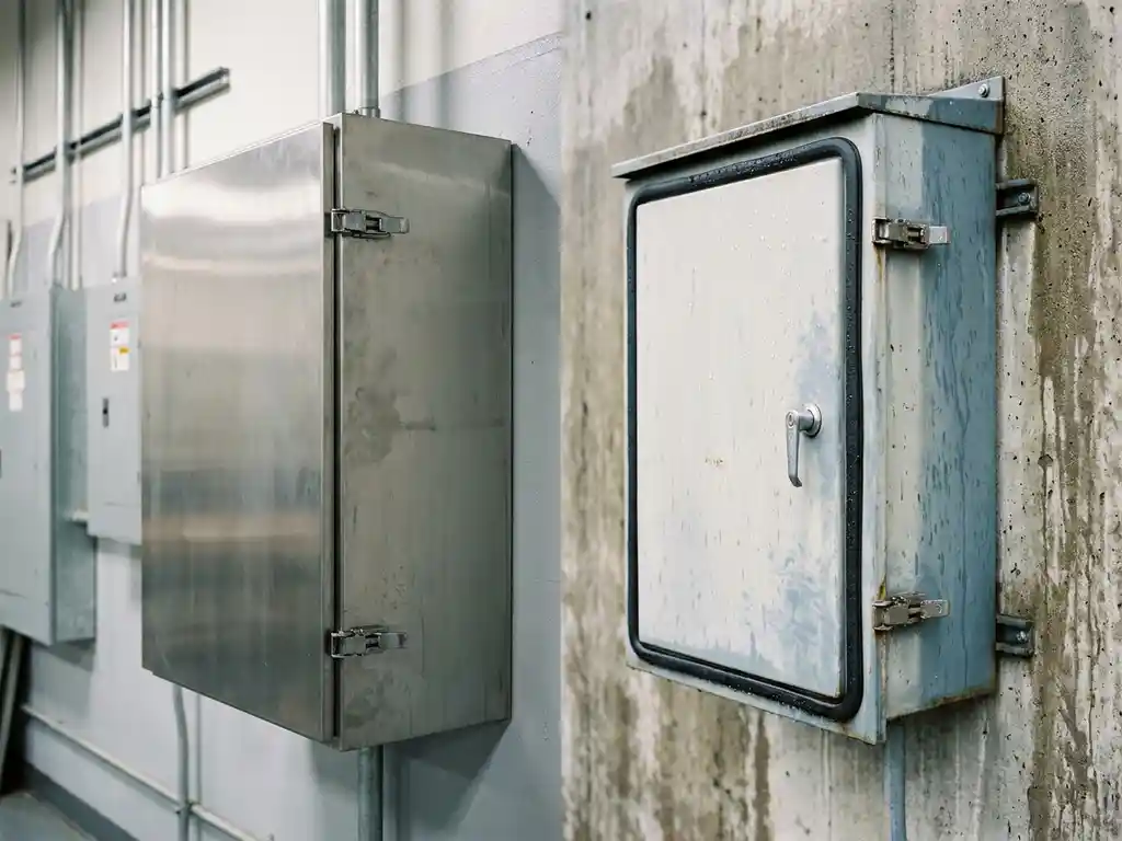 Zwei Stahlschränke zum Wandeinbau – einer in einer sauberen Fabrikhalle, einer außen mit Feuchtigkeitsperlen an der Dichtung.