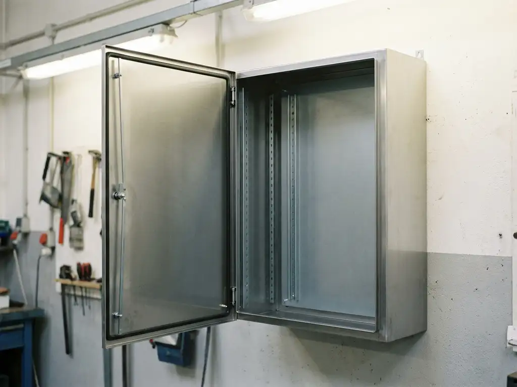 Geöffneter wandmontierter Stahlschaltschrank mit sichtbaren Montageschienen in einer hellen Industriewerkstatt.
