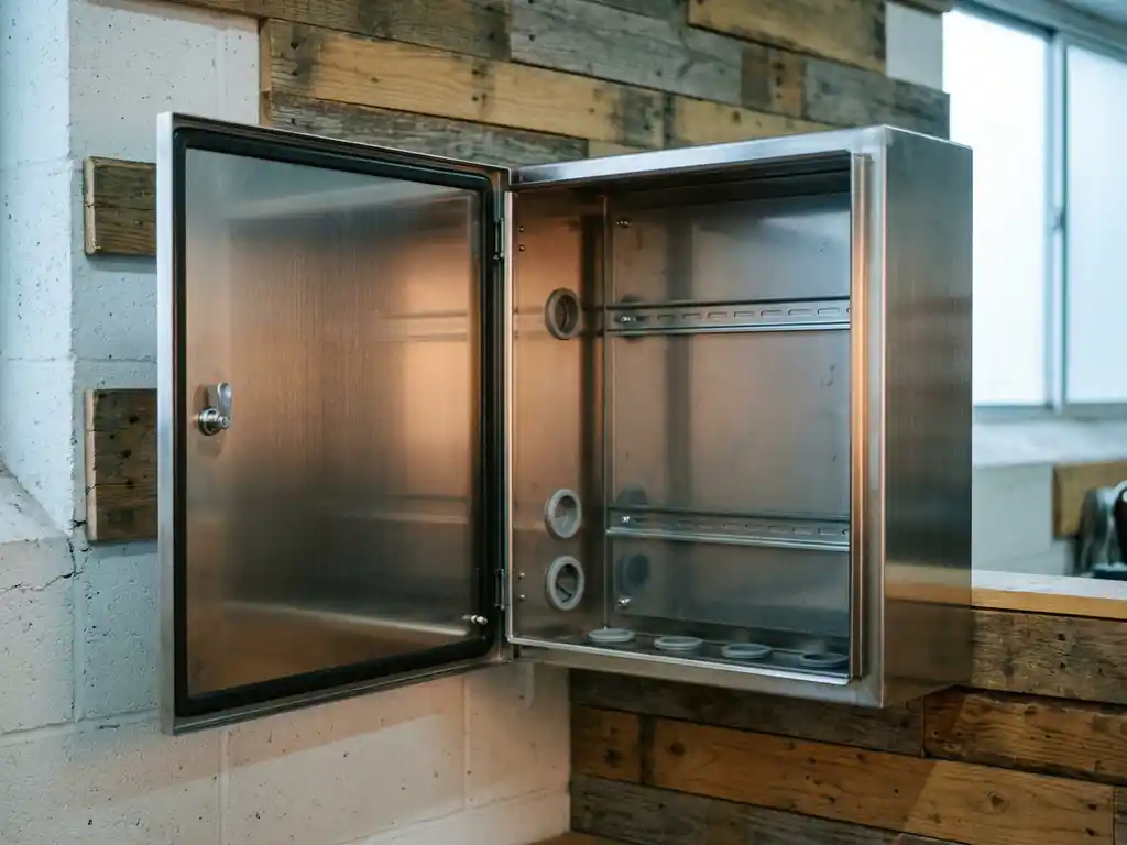Geöffneter wandmontierter Stahlschaltschrank mit Montageschienen und Kabeleinführungen in einer hellen Werkstatt.