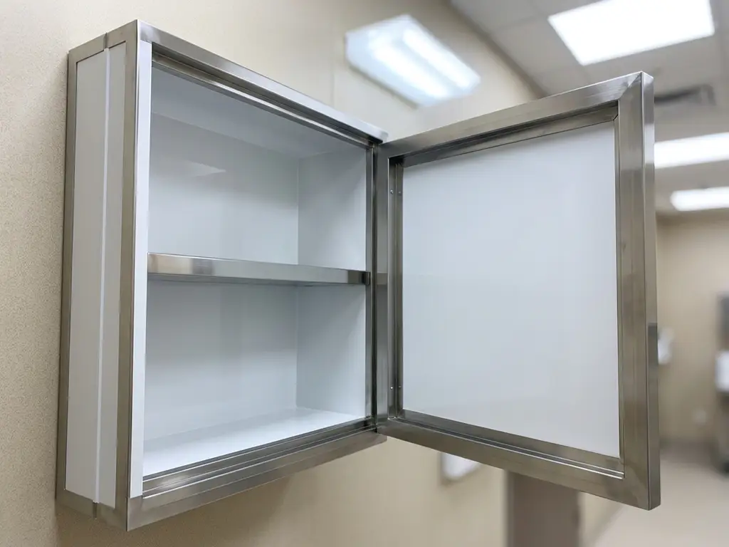 Wandmontierter Stahlschrank geöffnet mit leerem Innenraum, pulverbeschichteten Oberflächen und präzisen Blechkanten in medizinischer Umgebung.