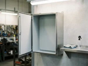 Geöffneter wandmontierter Stahlschaltschrank mit pulverbeschichteter Innenfläche vor hellgrauer Betonwand, Reinigungstuch und Sprühflasche auf Regalablage.