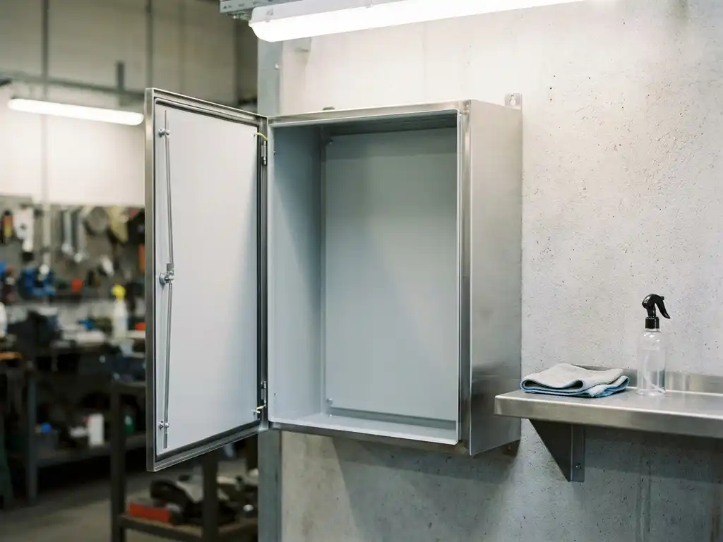 Geöffneter wandmontierter Stahlschaltschrank mit pulverbeschichteter Innenfläche vor hellgrauer Betonwand, Reinigungstuch und Sprühflasche auf Regalablage.