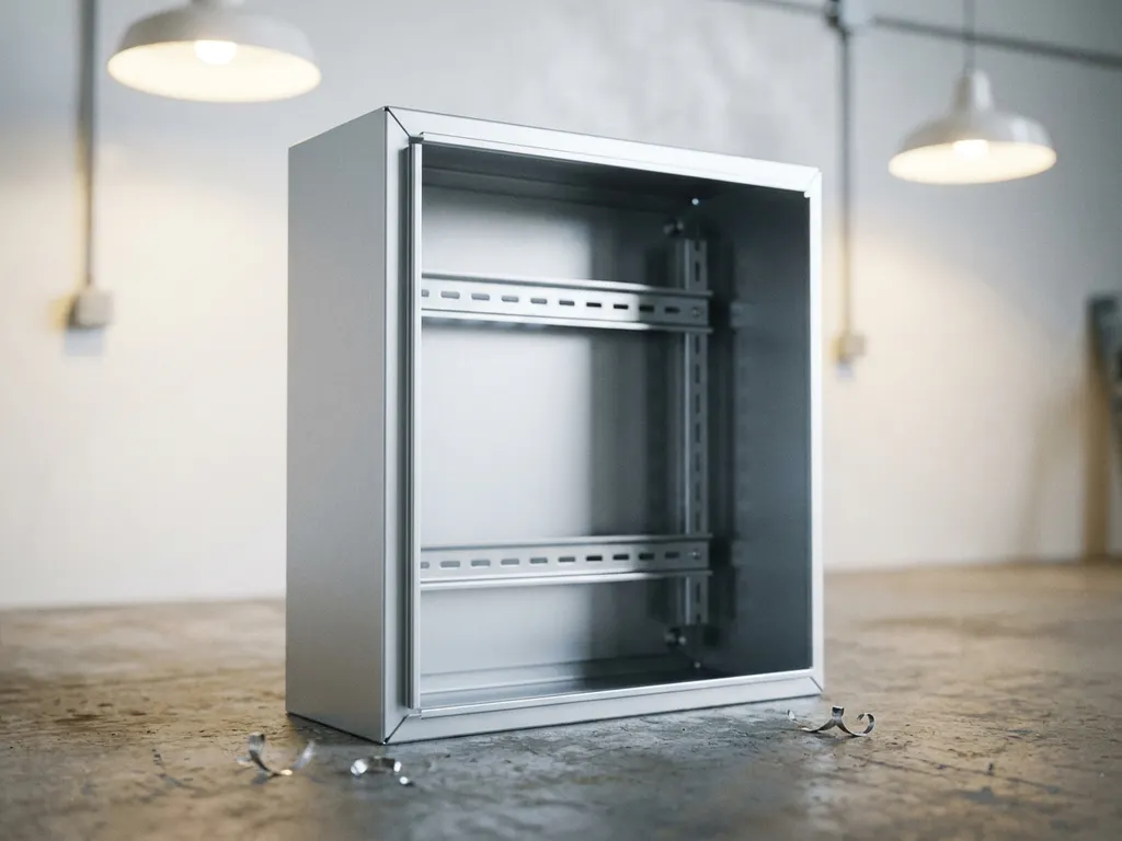 Geöffneter Stahlschaltschrank mit leeren Montageschienen und pulverbeschichteter Oberfläche, montiert an heller Werkstattwand.
