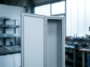 Geöffnetes Stahlschaltschrank-Gehäuse mit grauer Silikondichtung am Türrahmen und leerem Innenraum in Werkstattumgebung.