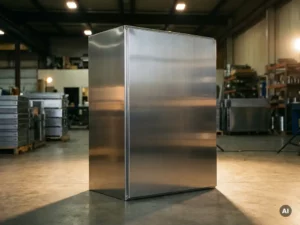 Edelstahl-Schaltschrank auf poliertem Betonboden einer Industriehalle, gebürstete Metalloberfläche mit präzisen Schweißnähten im Seitenlicht.
