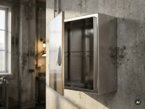 Wandmontierter Edelstahl-Schaltschrank mit leicht geöffneter Tür an Betonwand in industrieller Umgebung.