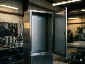 Wandmontiertes Edelstahl-Schaltschrankgehäuse mit leicht geöffneter Tür in einer industriellen Werkstatt, gebürstete Metalloberfläche.