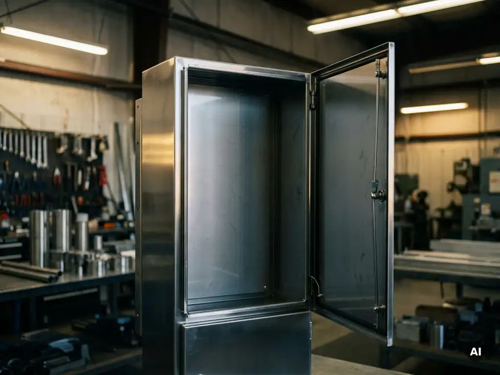 Wandmontiertes Edelstahl-Schaltschrankgehäuse mit leicht geöffneter Tür in einer industriellen Werkstatt, gebürstete Metalloberfläche.