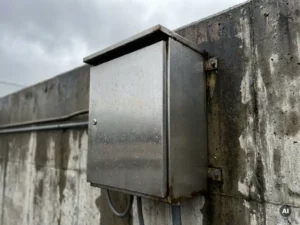 Industrieller Stahl-Wandschrank an nasser Betonwand im Freien, Wassertropfen auf der gebürsteten Metalloberfläche, bewölkter Himmel.