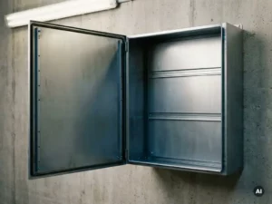 Leerer Stahlschaltschrank mit geöffneter Tür, Montageschienen und Blechkanten sichtbar, an einer Betonwand in einer Industriehalle.