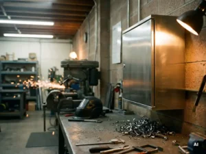 Maßgeschweißter Stahlschrank zur Wandmontage in einer Industriewerkstatt mit polierter Oberfläche und Metallspänen auf der Werkbank.