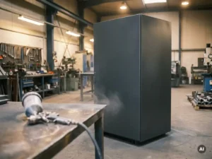 Pulverbeschichteter Stahlschrank mit mattem Anthrazit-Finish in einer Industriewerkstatt, warmes Umgebungslicht.