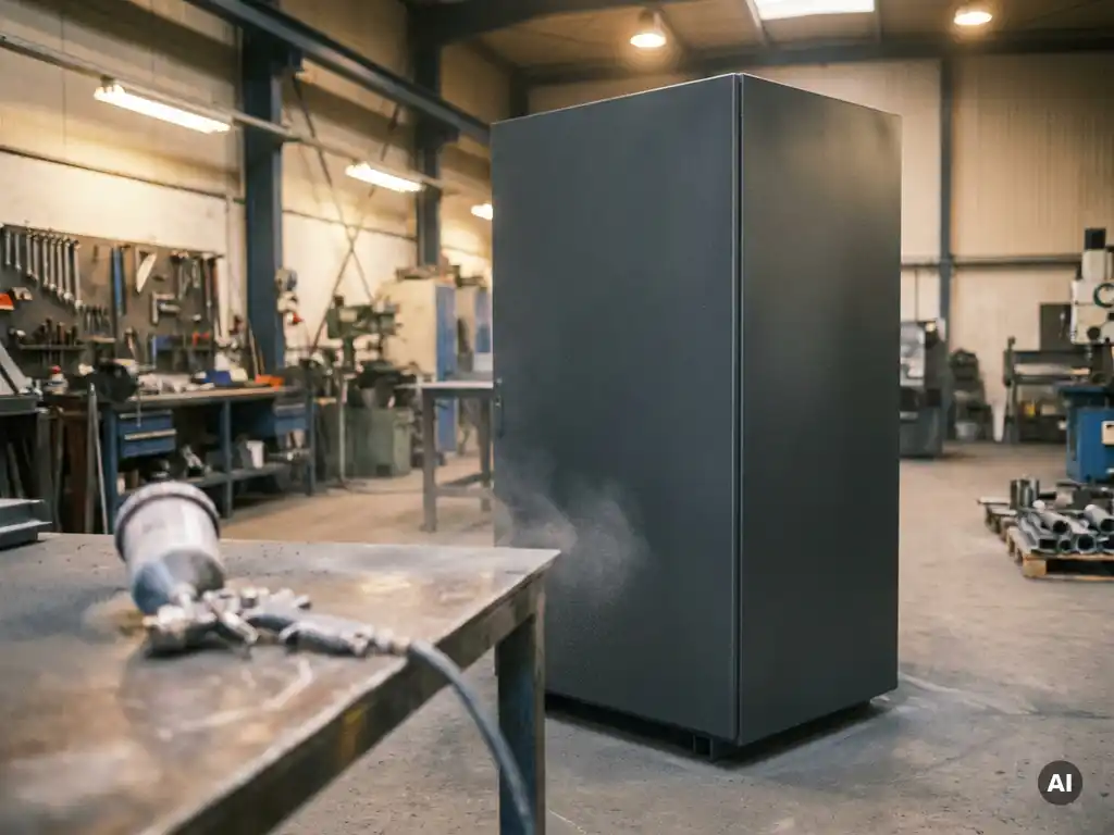 Pulverbeschichteter Stahlschrank mit mattem Anthrazit-Finish in einer Industriewerkstatt, warmes Umgebungslicht.