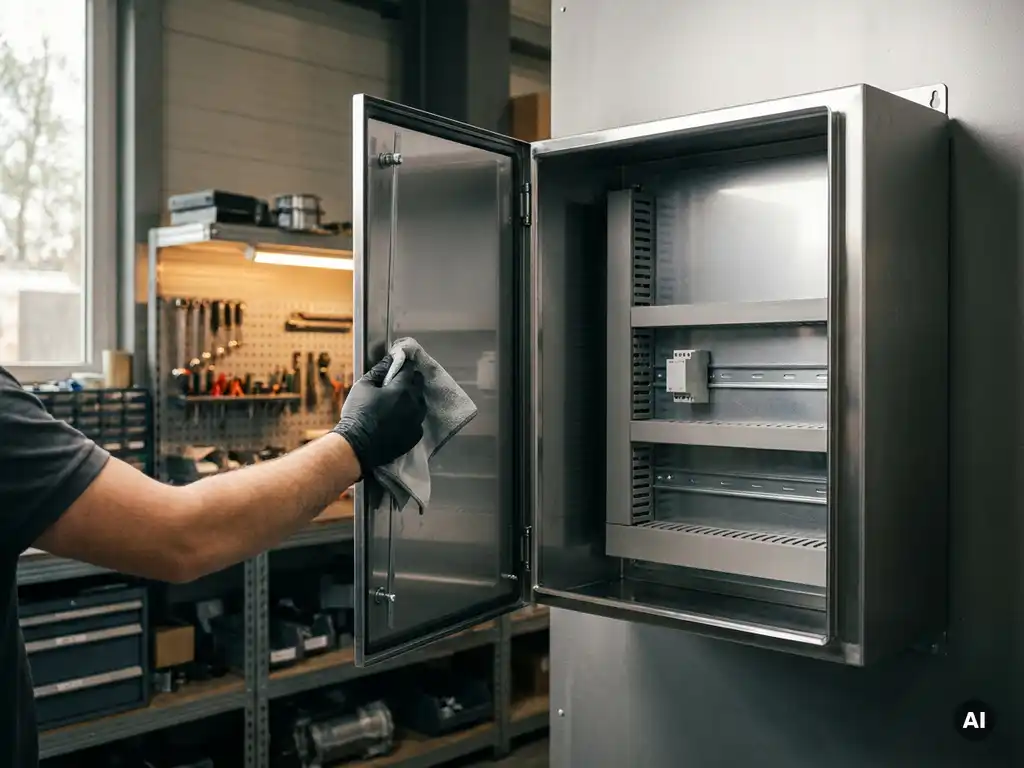 Techniker reinigt das Innere eines geöffneten Stahlschaltschranks mit einem Tuch, Werkstatt mit Metallregalen im Hintergrund.