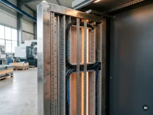 Schwenkrahmen aus Schwerem Stahl in offenem Industrieschaltschrank mit Montageschienen und Kabelführungskanälen.
