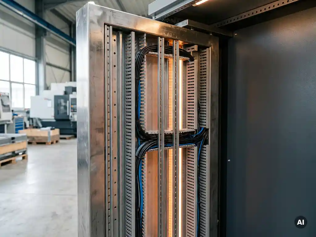 Schwenkrahmen aus Schwerem Stahl in offenem Industrieschaltschrank mit Montageschienen und Kabelführungskanälen.