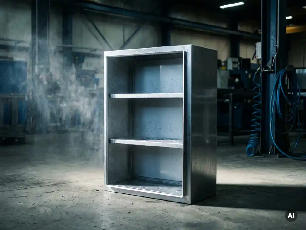 Offener Stahlschaltschrank auf Betonboden mit Wasserperlen auf gebürsteter Metalloberfläche und feinem Wassernebel daneben.