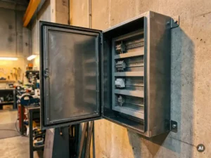 Wandmontierter Stahlschaltschrank mit geöffnetem Schwenkrahmen und Montageschienen, an einer Betonwand in einer Industriewerkstatt.